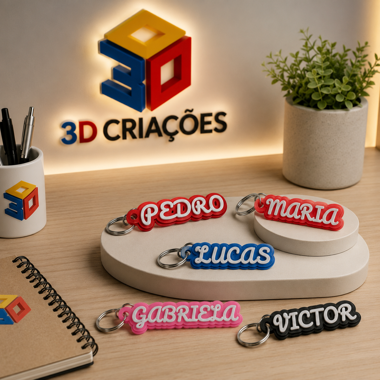 Chaveiros personalizados com nome ou empresa impresso em 3D pela 3D Criações